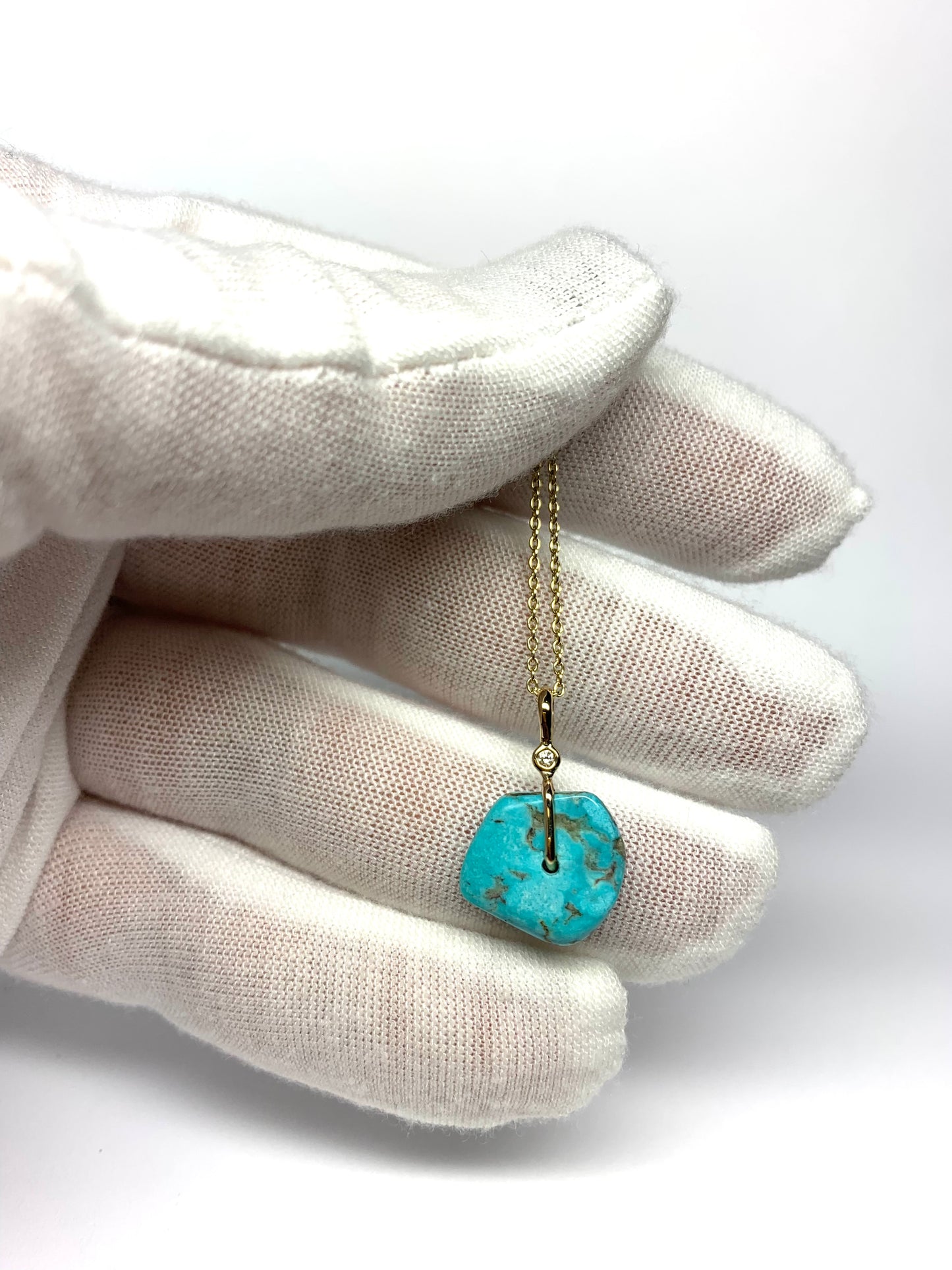 14K Solid Yellow Gold, White Diamond, Blue Turquoise “Donut” Mini Pendant