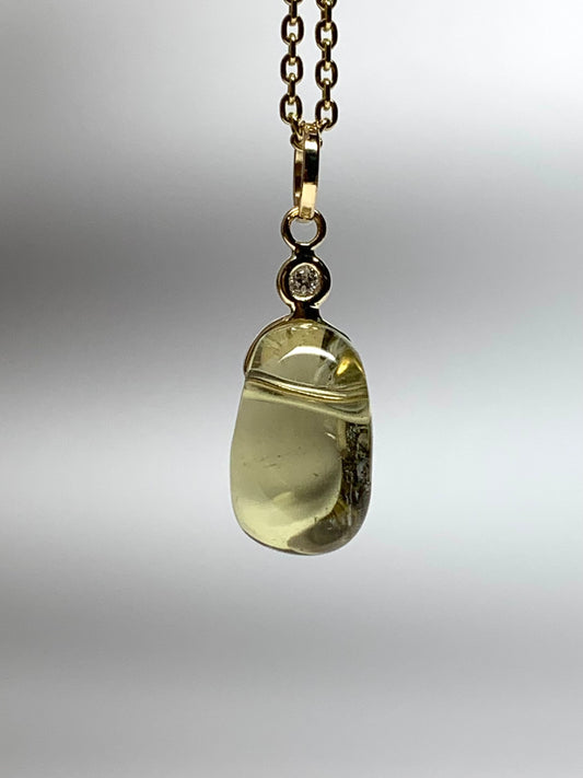 14k Solid Yellow Gold, Diamond, Lemon Quartz Tumbled Nugget Bead Pendant, Mini Size
