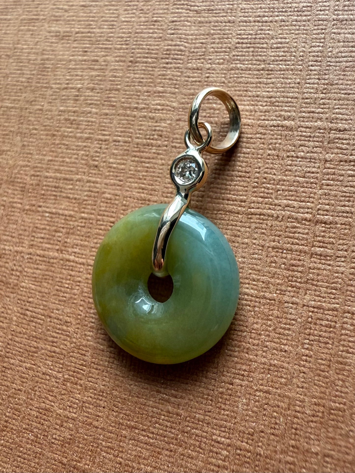 14k Solid Yellow Gold, White Diamond, Pale Green Jade “Donut” Pendant, Tiny Size
