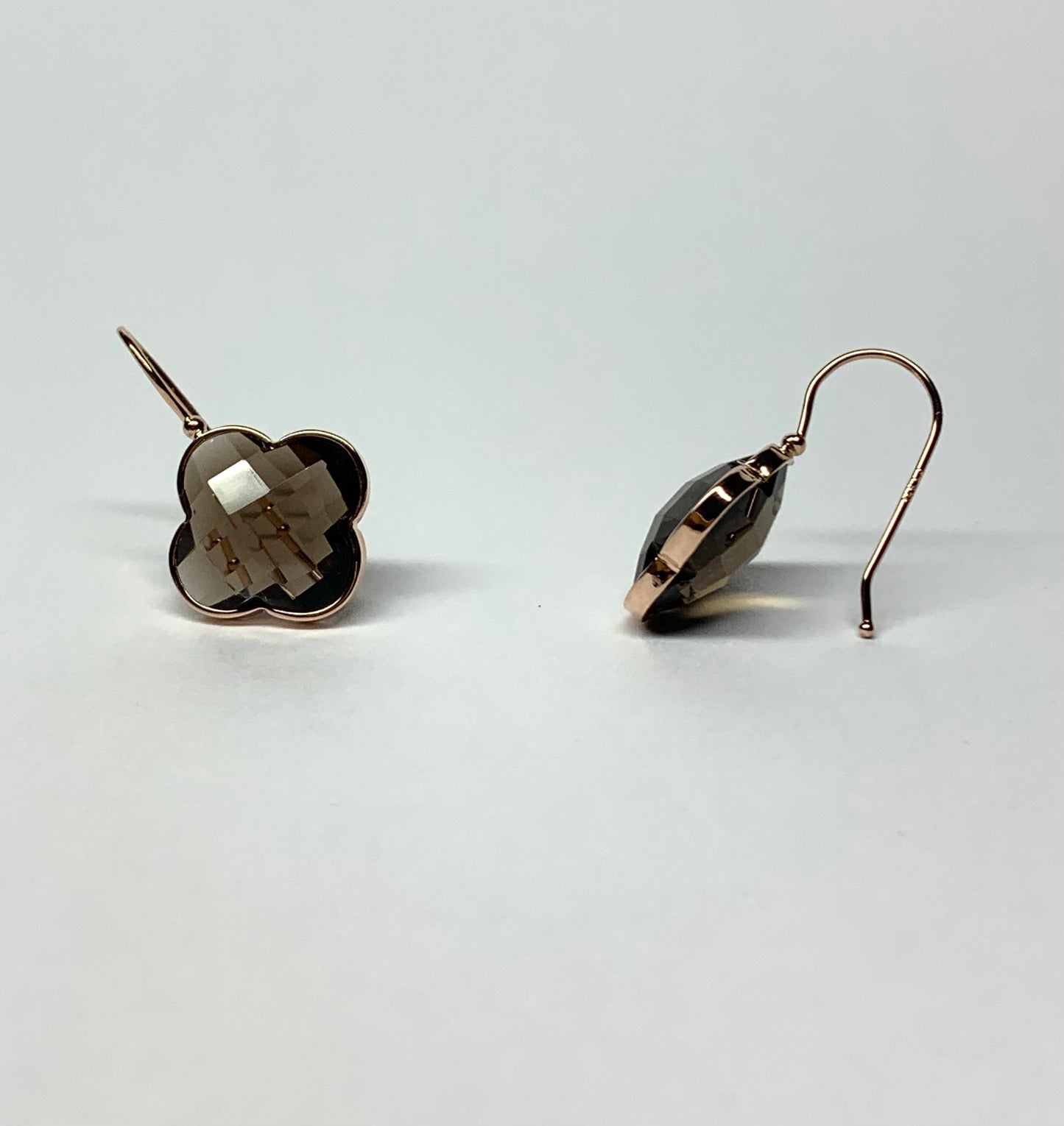 14k Solid Rose Gold Smoky Quartz “Clover” Earrings, Checkerboard Cut, Fish Hook Ear Wires