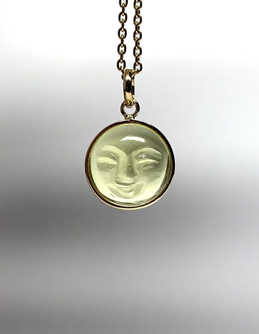 “Mini Moon" Pendant, 14K Solid Yellow Gold, Lemon Olive Quartz, Tiny Size