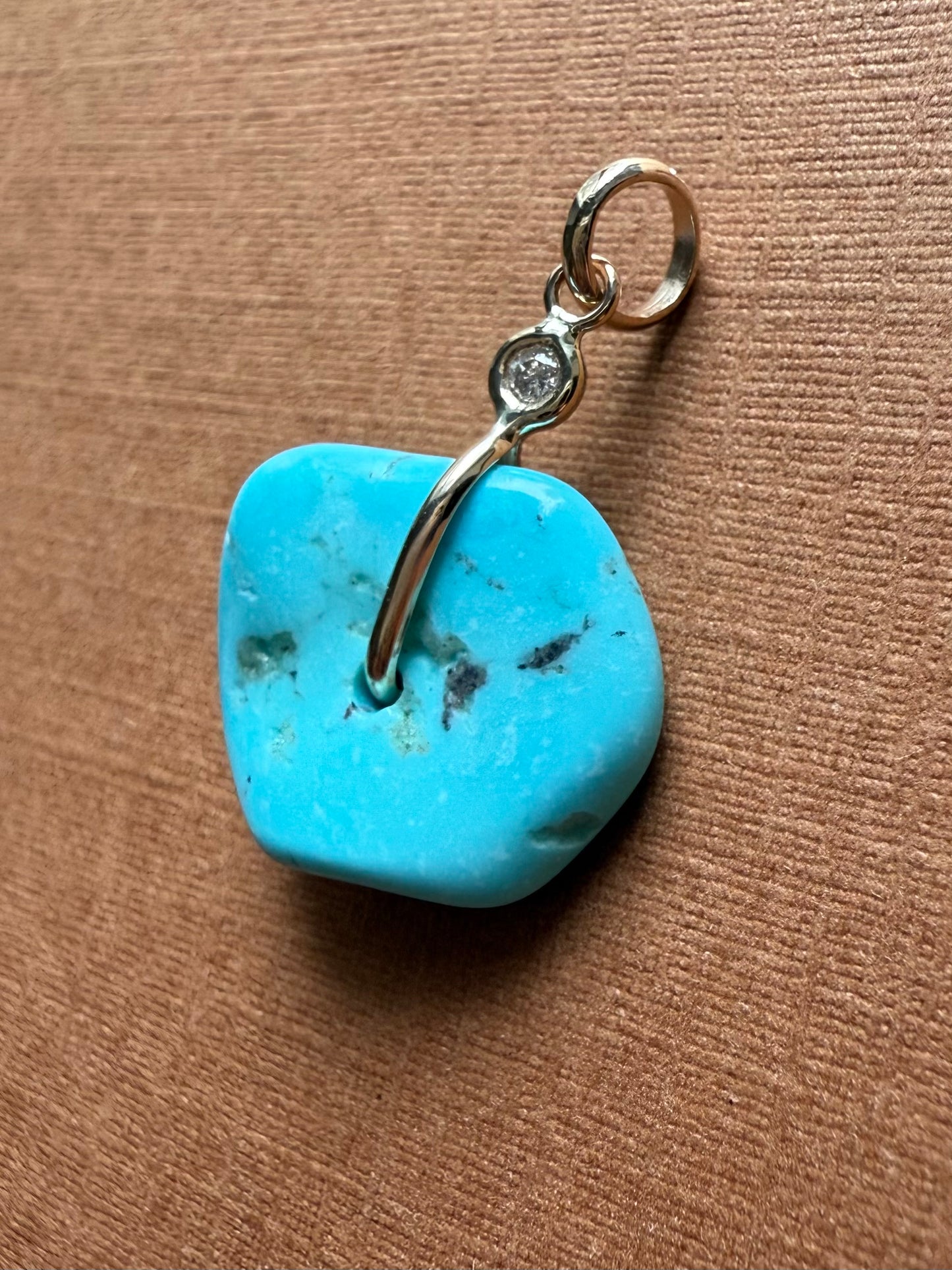 14K Solid Yellow Gold, White Diamond, Blue Turquoise “Donut” Mini Pendant