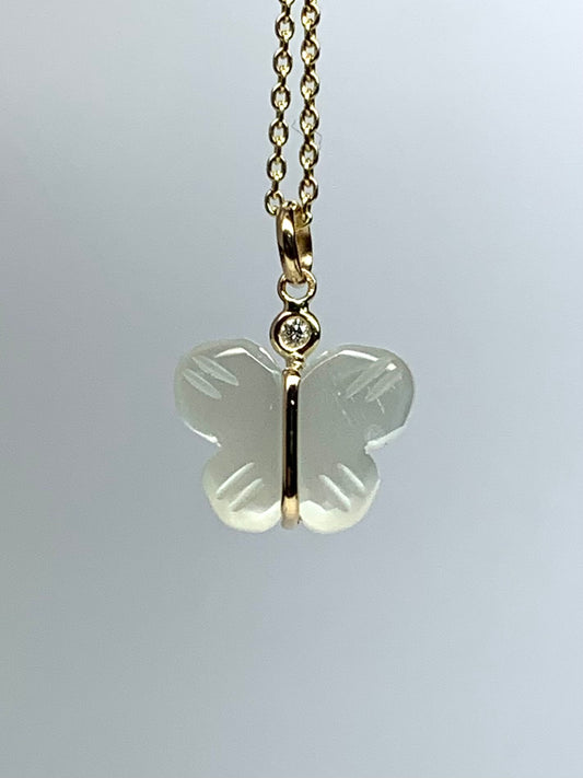 14k Solid Yellow Gold, Diamond, White Moonstone “Butterfly” Mini Pendant, Hand Carved