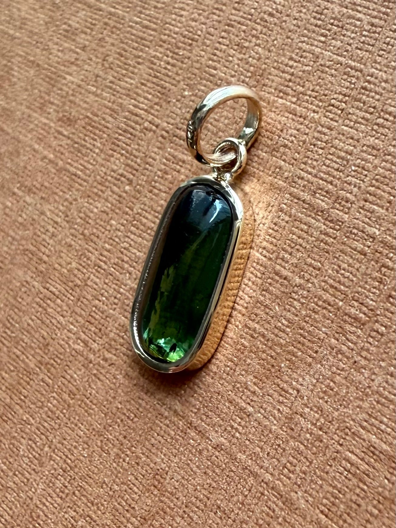 14k Solid Yellow Gold, Natural Green Tourmaline Cabochon Tiny Pendant