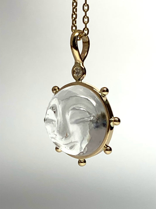 14k Solid Yellow Gold, Clear Quartz, Diamond “Sun” Pendant