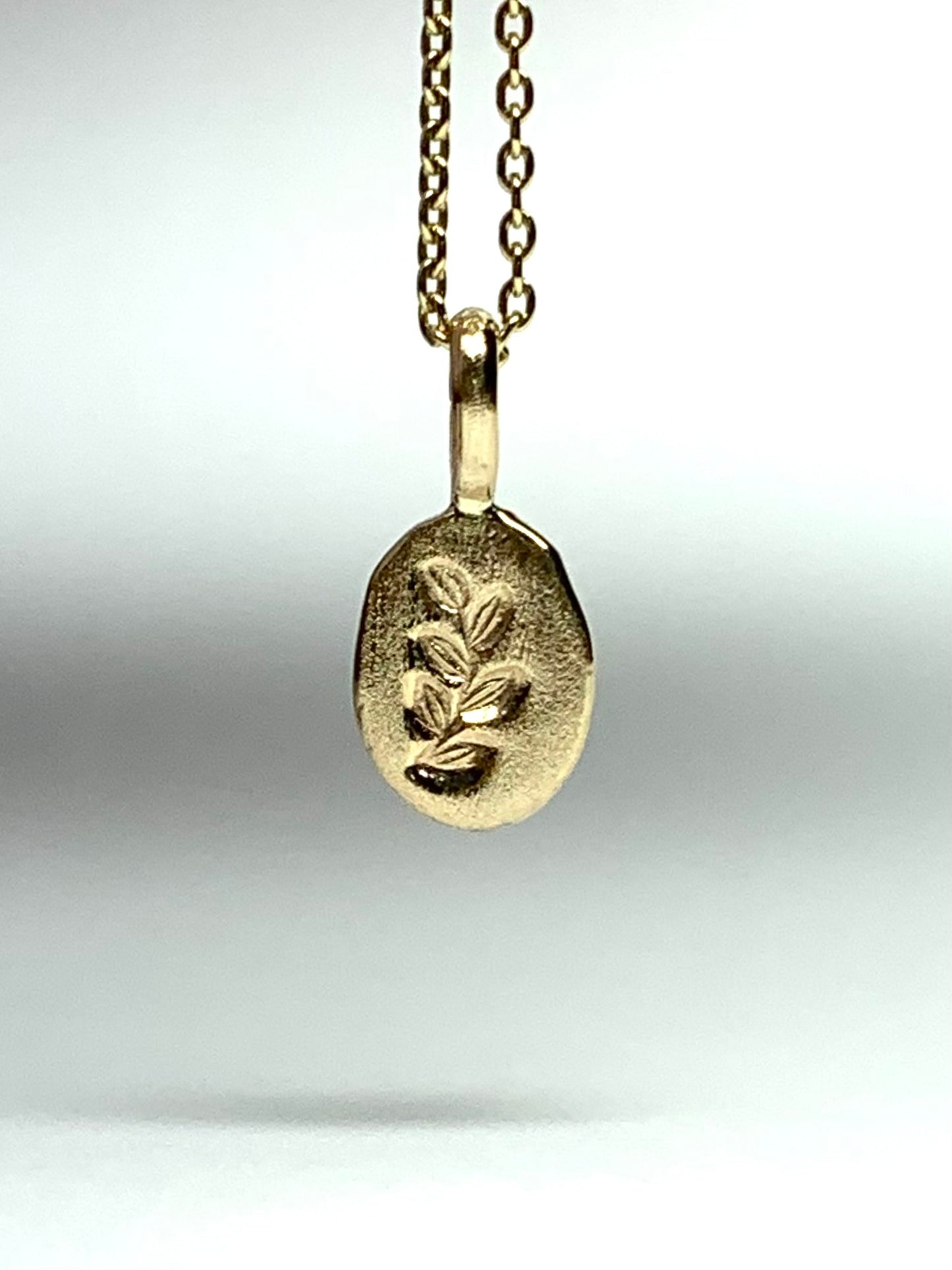 14k Solid Yellow Gold Nugget “Olive Branch”, Mini Pendant, Tiny Charm, Brushed Satin Finish