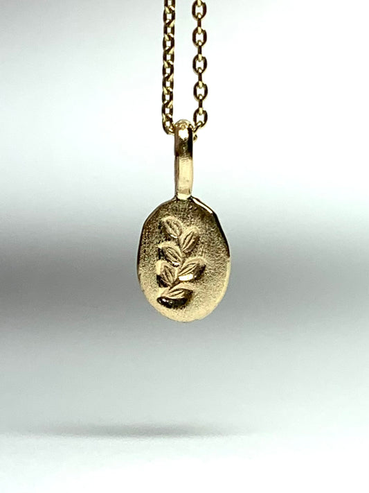 14k Solid Yellow Gold Nugget “Olive Branch”, Mini Pendant, Tiny Charm, Brushed Satin Finish