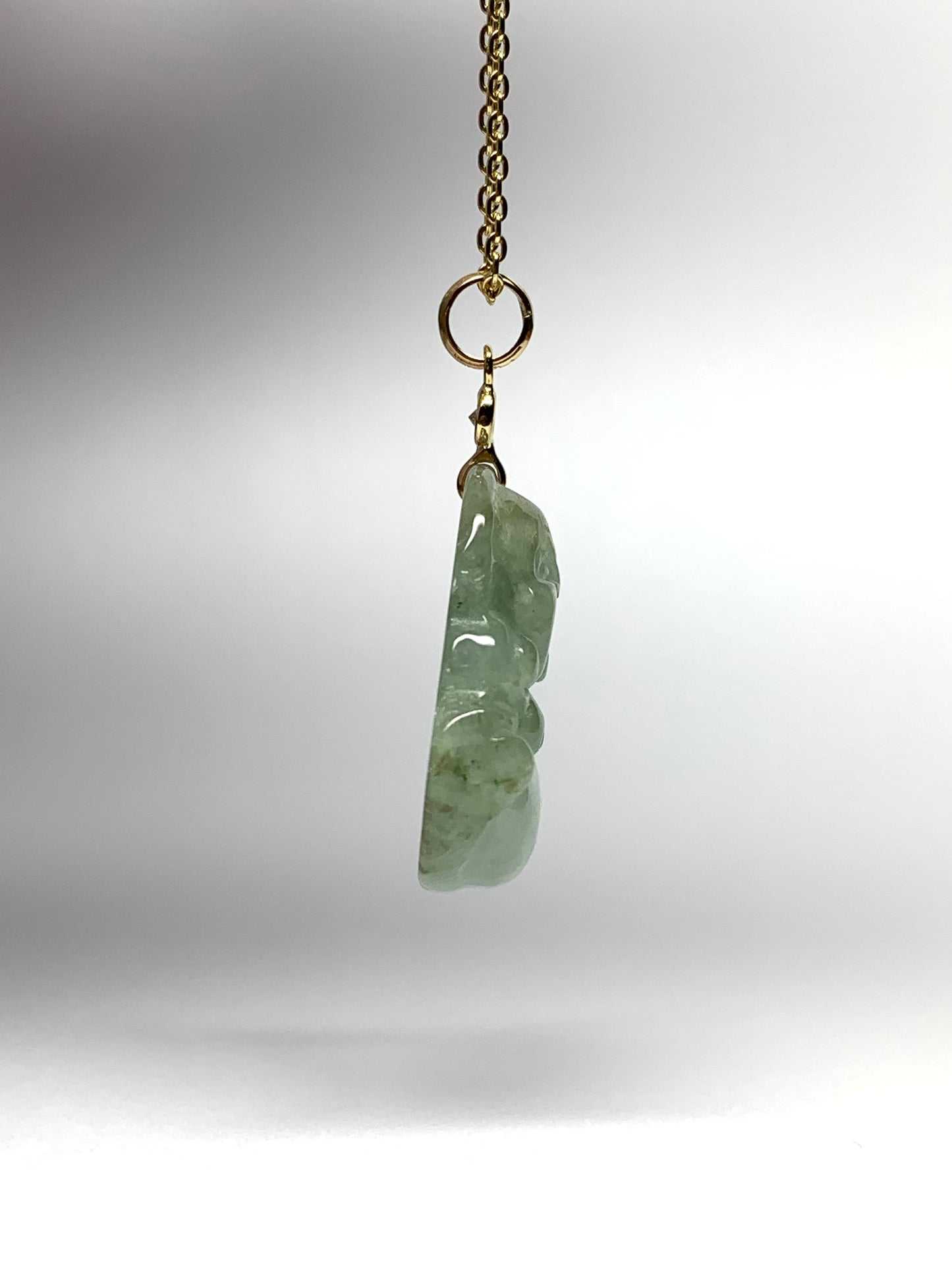 14K Solid Yellow Gold, Diamond, Pale Green Jade “Buddha” Pendant