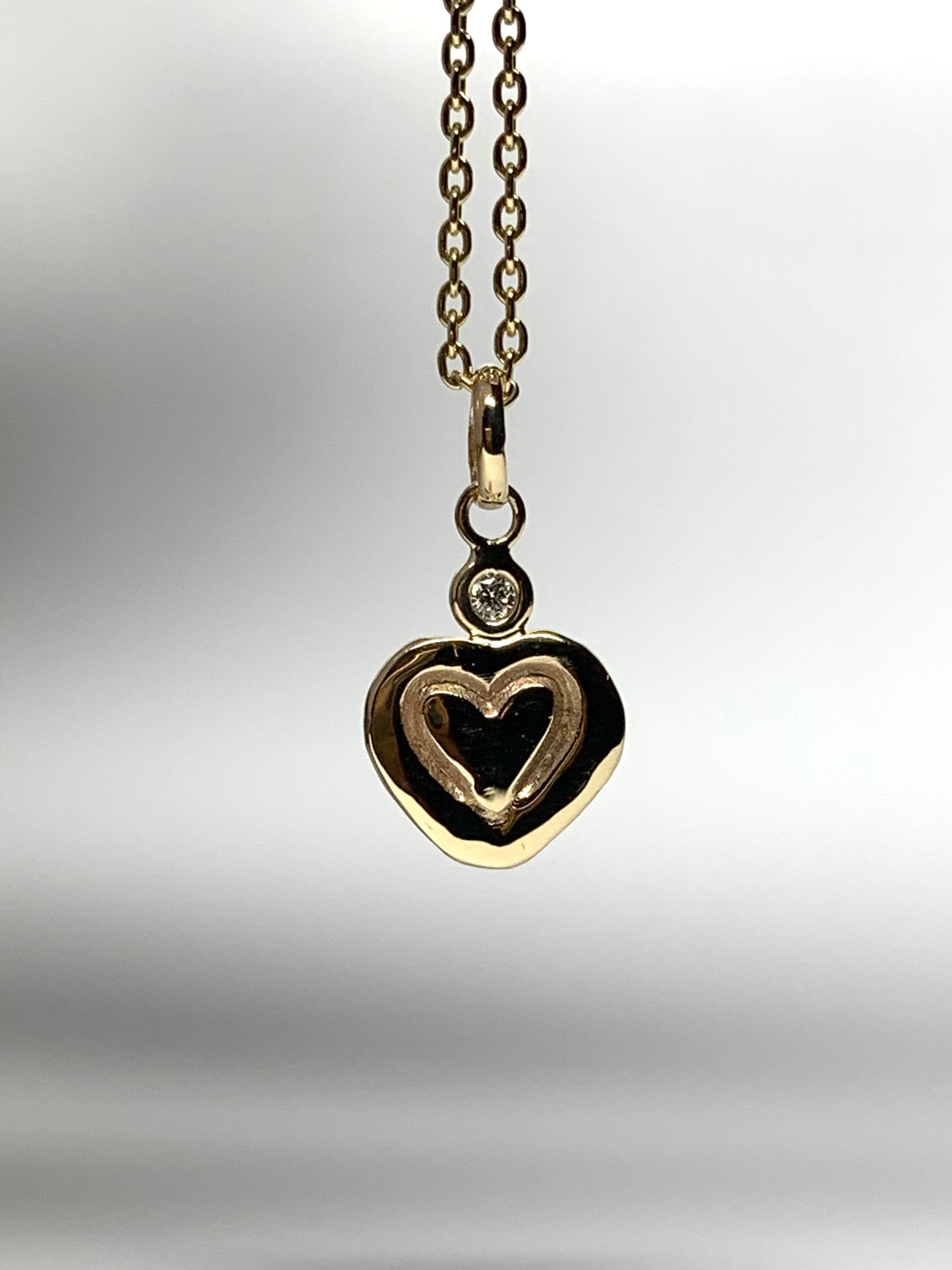 14K Solid Yellow Gold Nugget “Heart” Mini Pendant, With Diamond, Tiny Charm