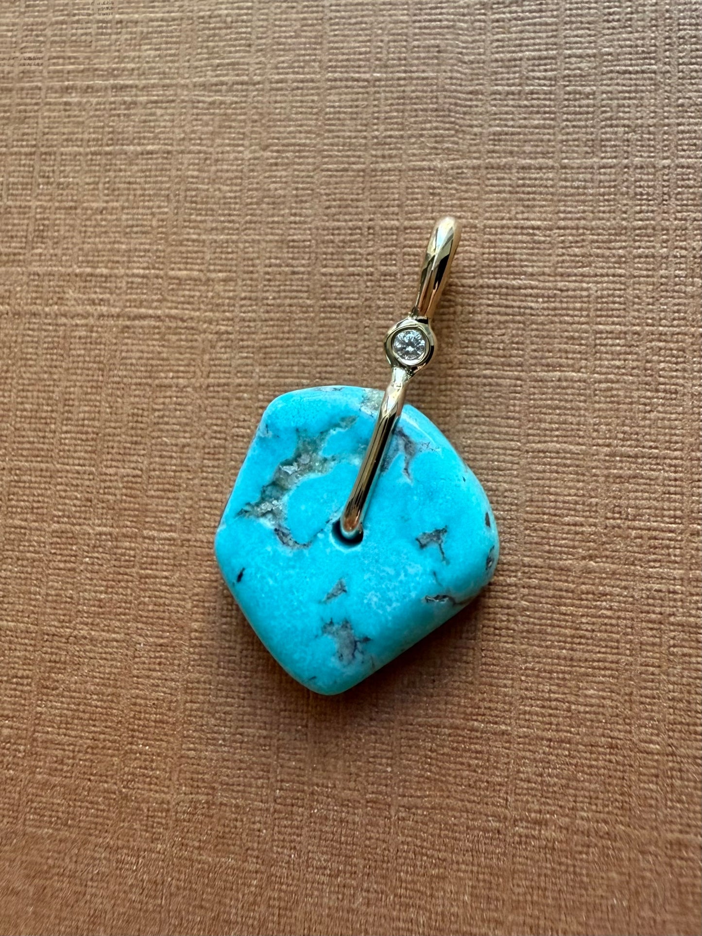 14K Solid Yellow Gold, White Diamond, Blue Turquoise “Donut” Mini Pendant