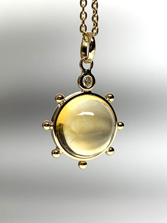 14k Solid Yellow Gold, Yellow Citrine, Diamond “Sun” Pendant, Mini Size