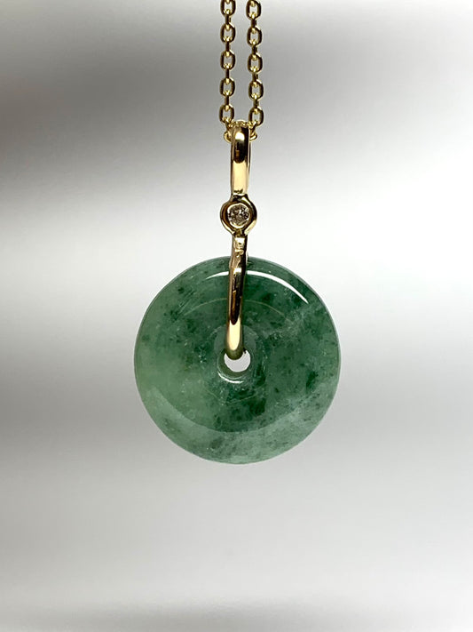 14k Solid Yellow Gold, Pale Green Jade “Donut”, White Diamond Pendant, Small Size
