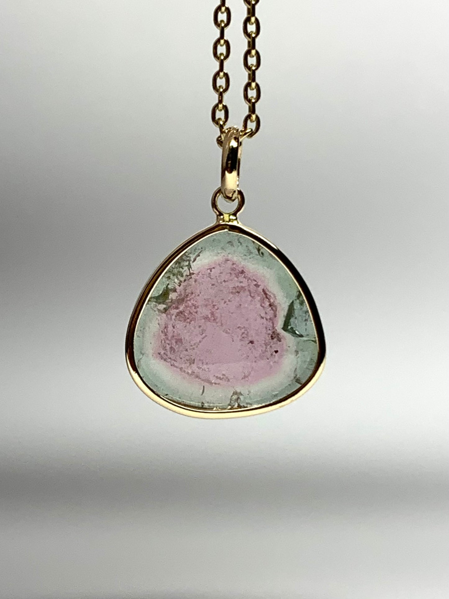 14k Solid Yellow Gold, Natural Pink Green Tourmaline Pendant