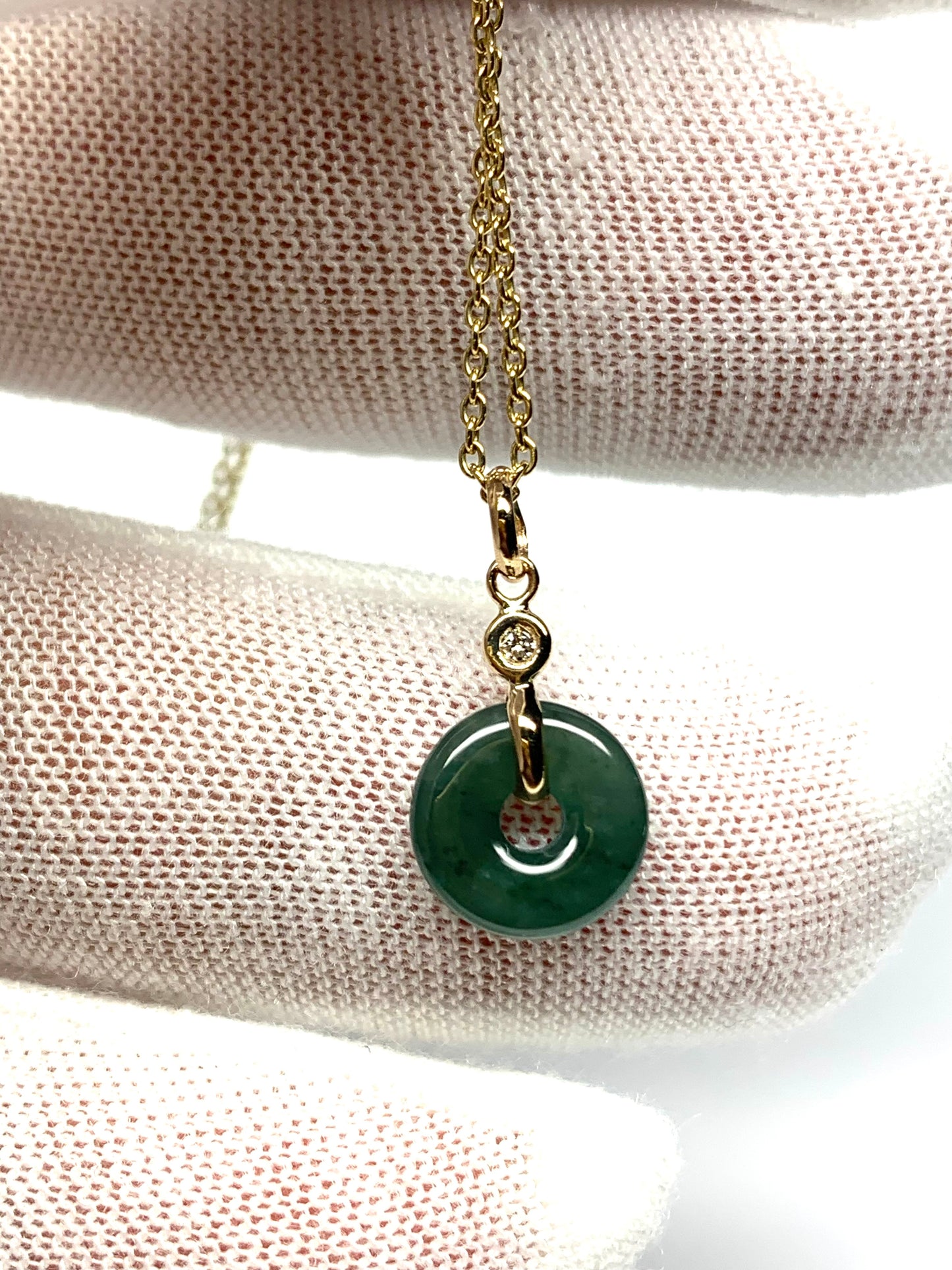14k Solid Yellow Gold, White Diamond, Pale Green Jade “Donut” Pendant, Tiny Size