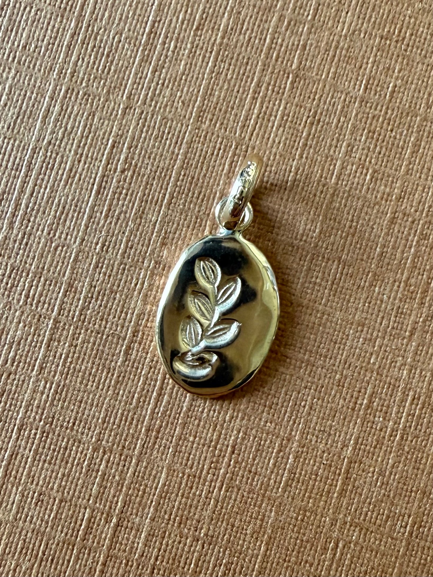 14k Solid Yellow Gold Nugget “Olive Branch”, Mini Pendant, Tiny Charm