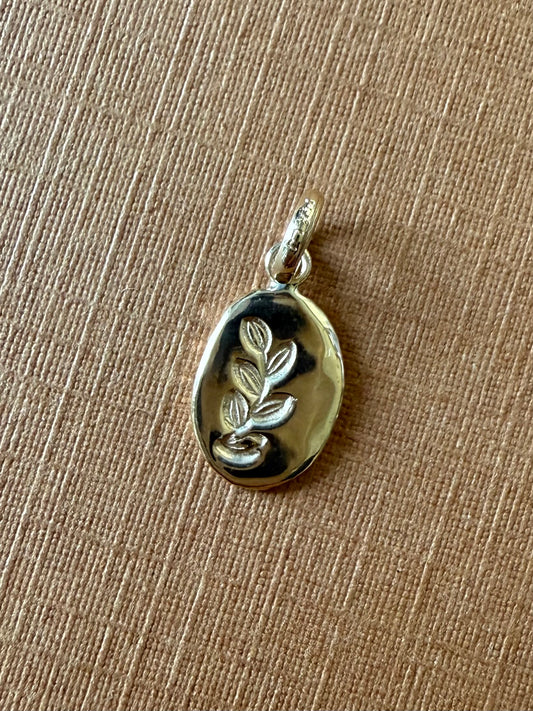 14k Solid Yellow Gold Nugget “Olive Branch”, Mini Pendant, Tiny Charm