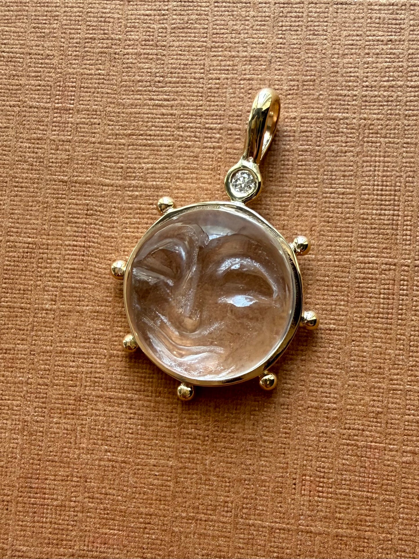 14k Solid Yellow Gold, Clear Quartz, Diamond “Sun” Pendant