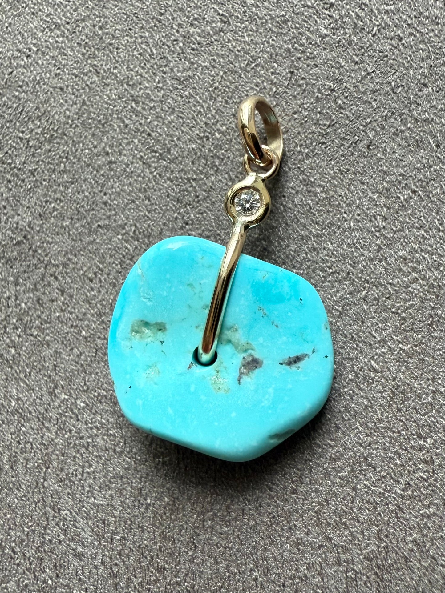 14K Solid Yellow Gold, White Diamond, Blue Turquoise “Donut” Mini Pendant
