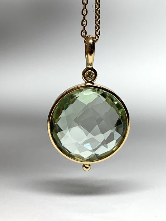 14K Solid Yellow Gold, Diamond, Round Green Amethyst Drop Pendant