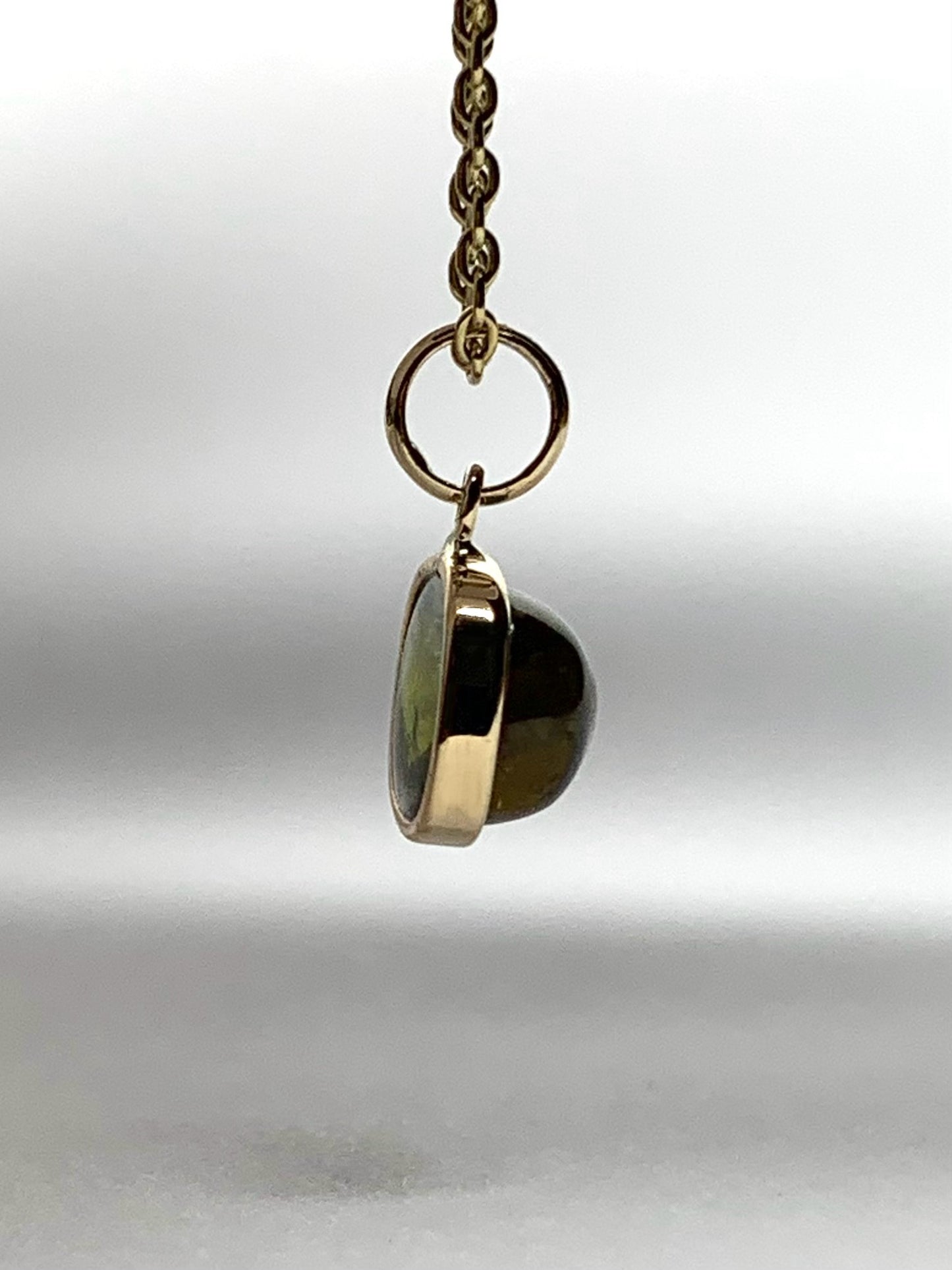 14k Solid Yellow Gold, Natural Green Tourmaline Cabochon Tiny Pendant