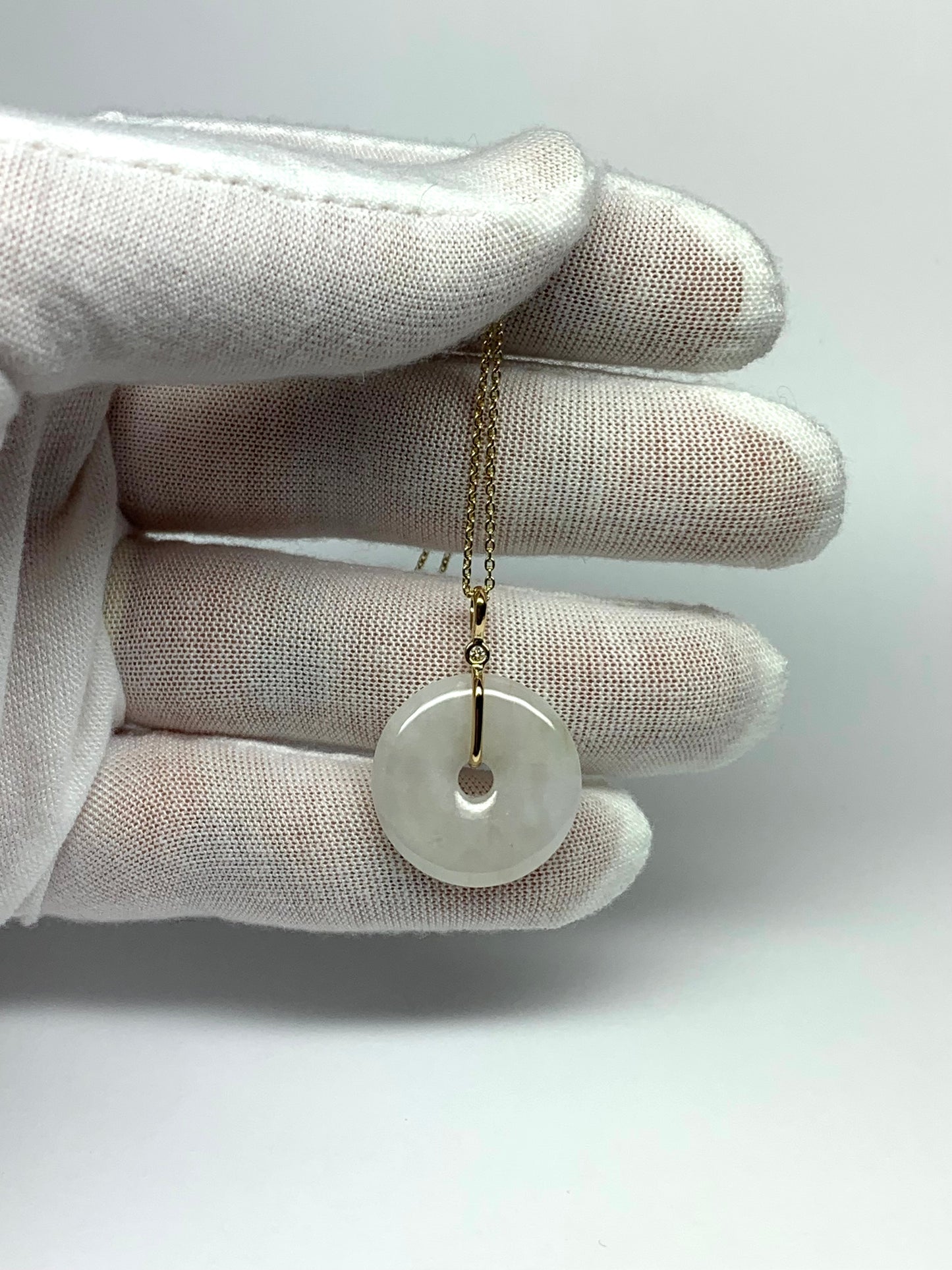 14k Solid Yellow Gold, Very Pale White Green Jade “Donut”, White Diamond Pendant