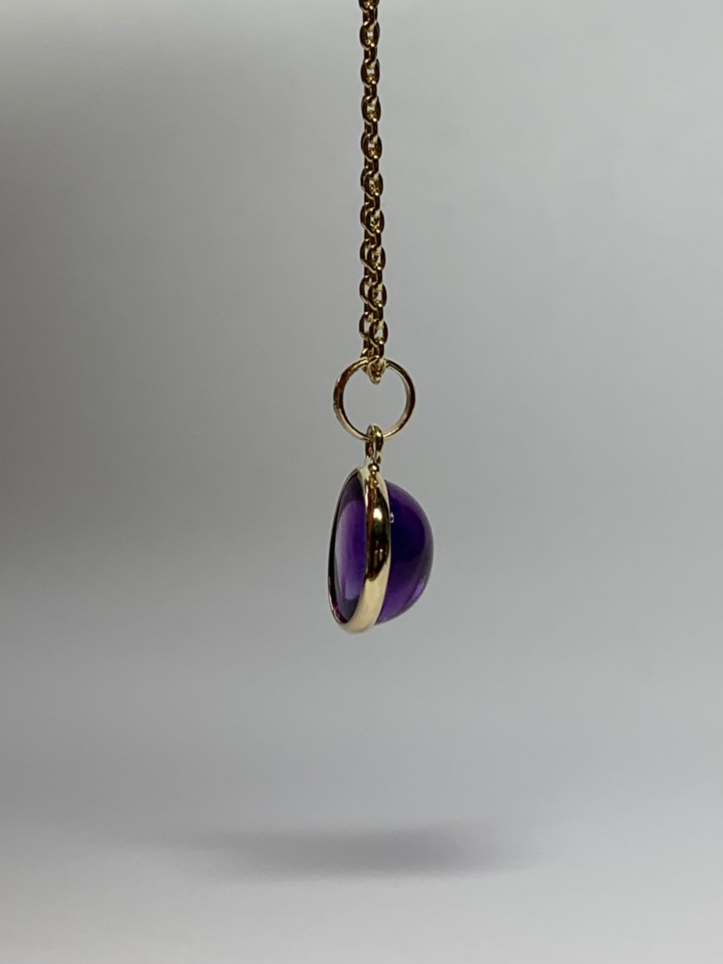 14k Solid Yellow Gold, Purple Amethyst Round Cabochon Mini Pendant