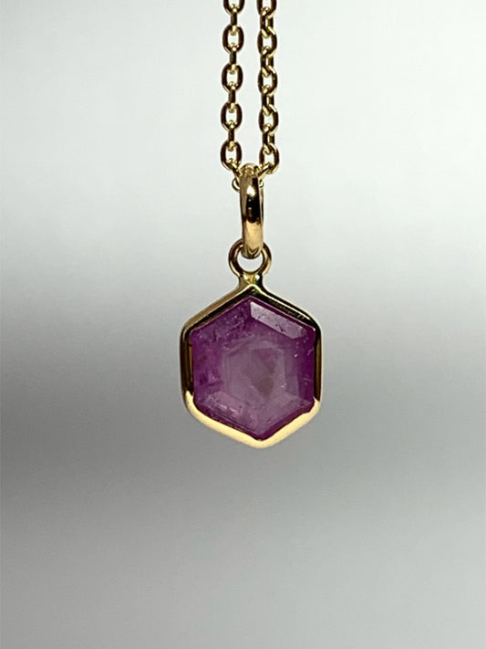 14k Solid Yellow Gold, Natural Pink Opaque Sapphire Hexagon Pendant, Tiny Size