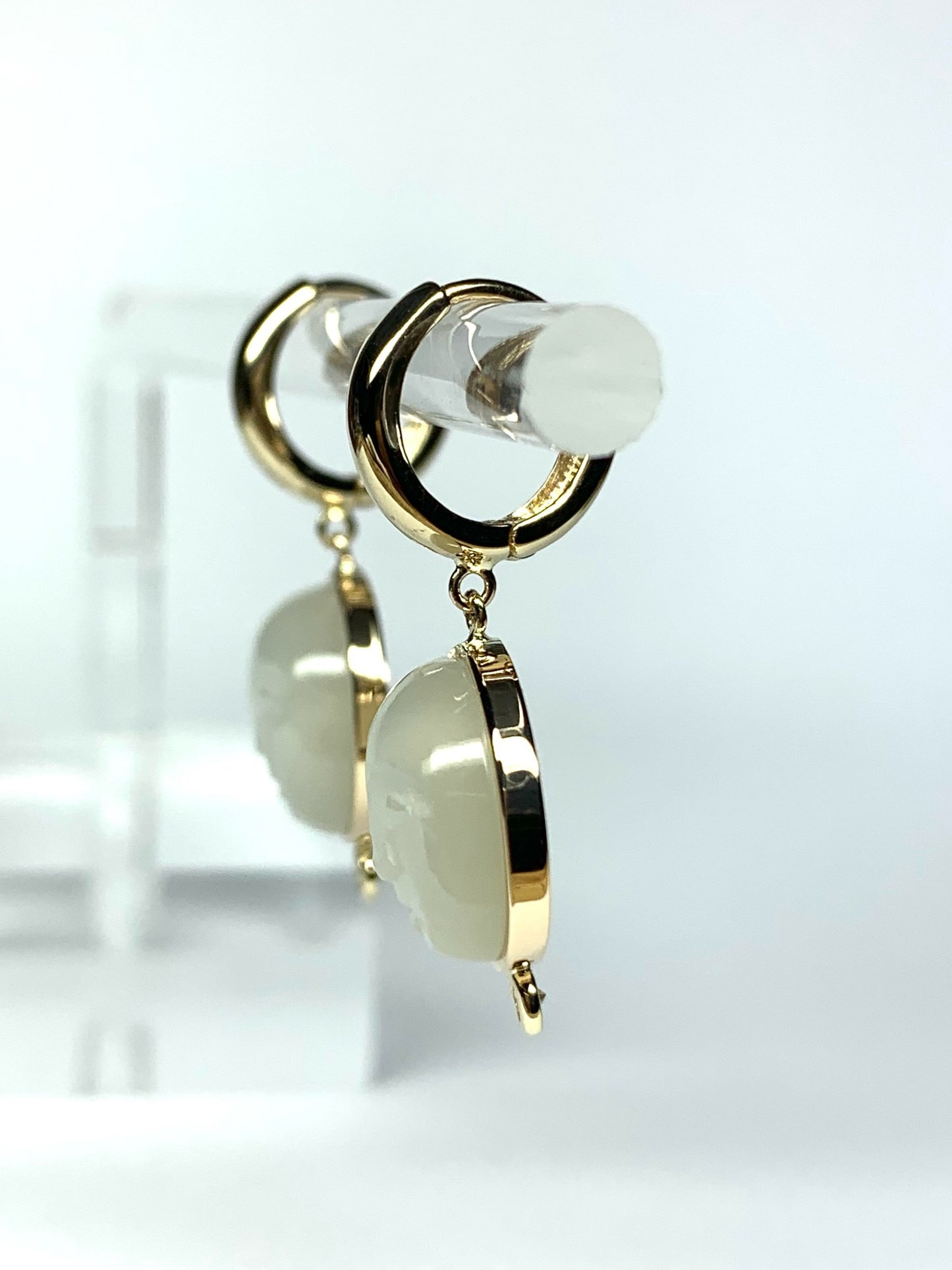 14k Solid Yellow Gold, Diamonds, White Moonstone “Moon and Star” Mini Earrings