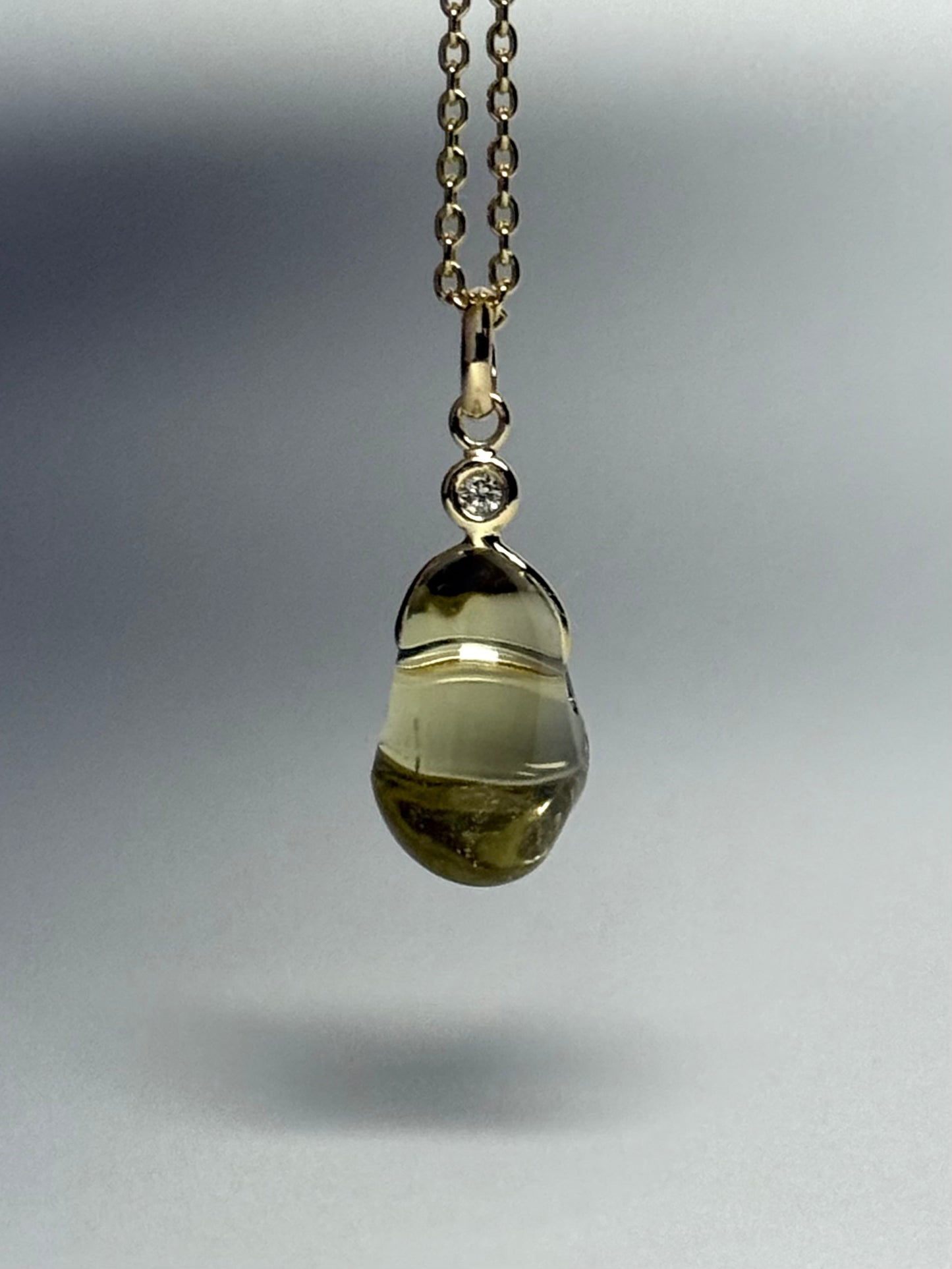 14k Solid Yellow Gold, Diamond, Lemon Quartz Tumbled Nugget Bead Pendant, Mini Size