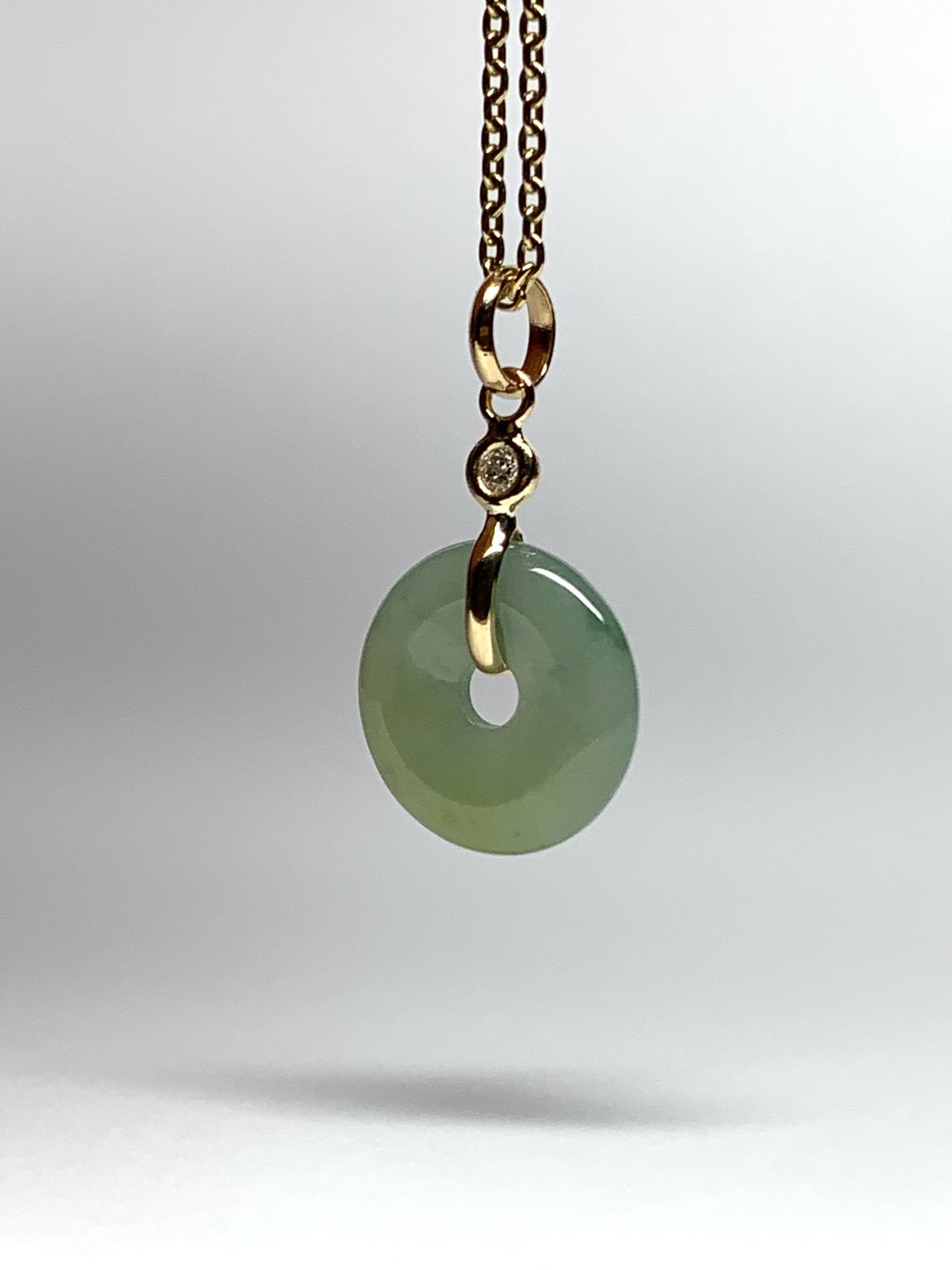 14k Solid Yellow Gold, White Diamond, Pale Green Jade “Donut” Pendant, Tiny Size