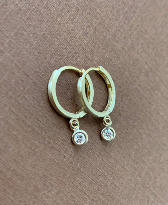 14k Solid Yellow Gold Natural White Diamonds Hoop Earrings, Mini Size