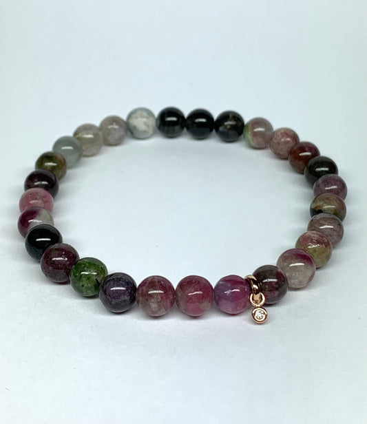 14k Solid Rose Gold, White Diamond, Multi Color Tourmaline Beads Stretch Bracelet