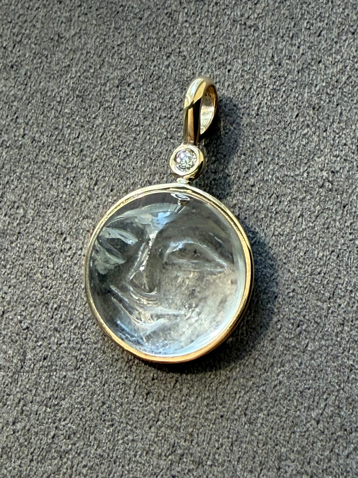 14k Solid Yellow Gold, Clear Quartz, White Diamond “Moon and Star” Pendant, Carved Face, Small Size