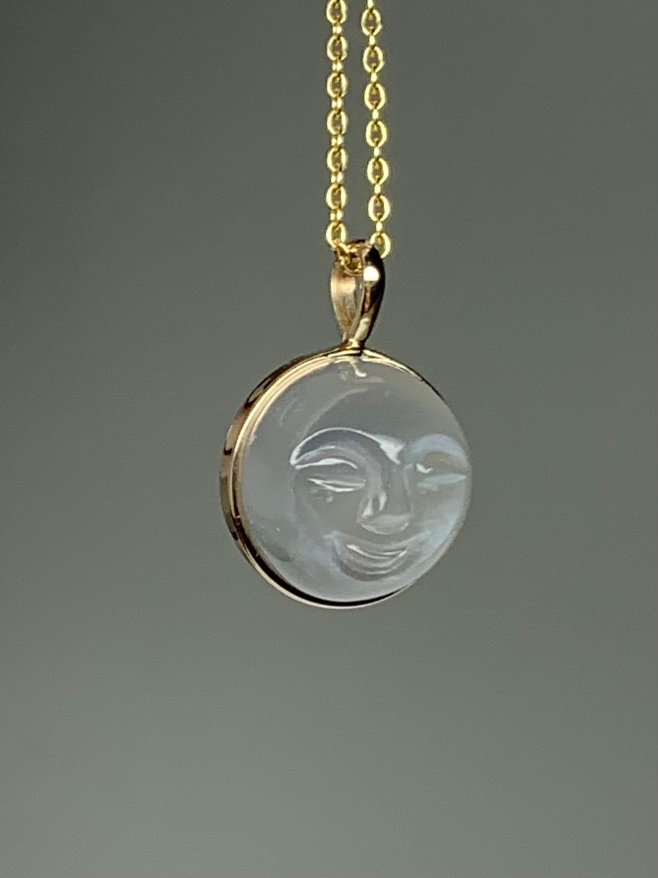 14K Solid Yellow Gold, Grey Moonstone "Moon" Pendant, Small Size