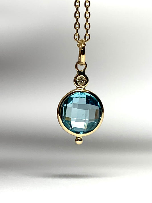 14K Solid Yellow Gold, Diamond, Blue Topaz Mini Pendant