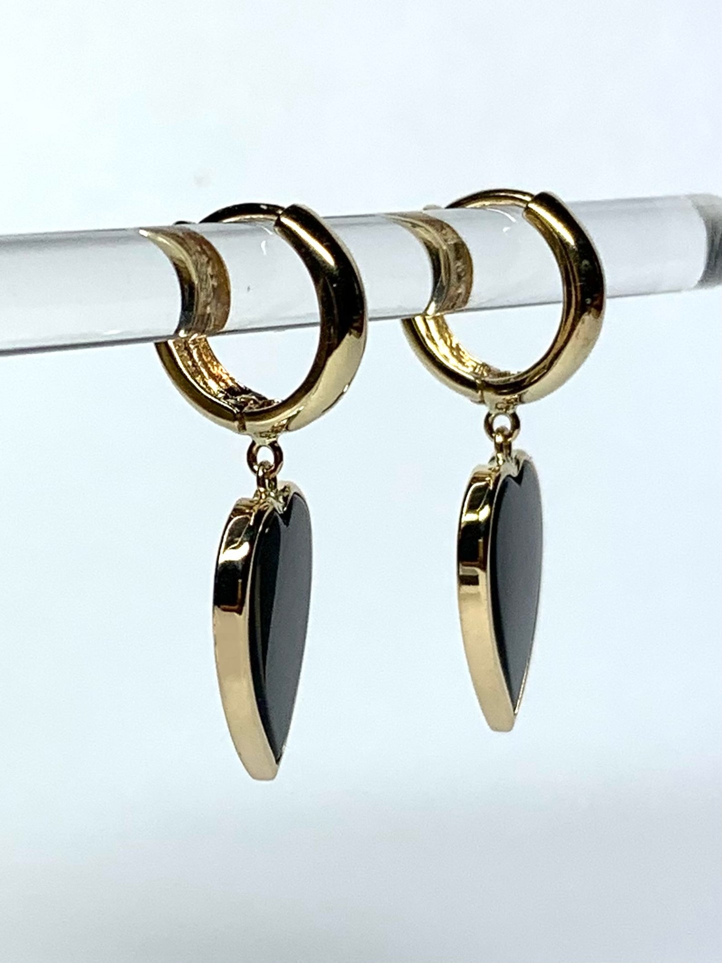 14k Solid Yellow Gold, Black Onyx Heart Earrings