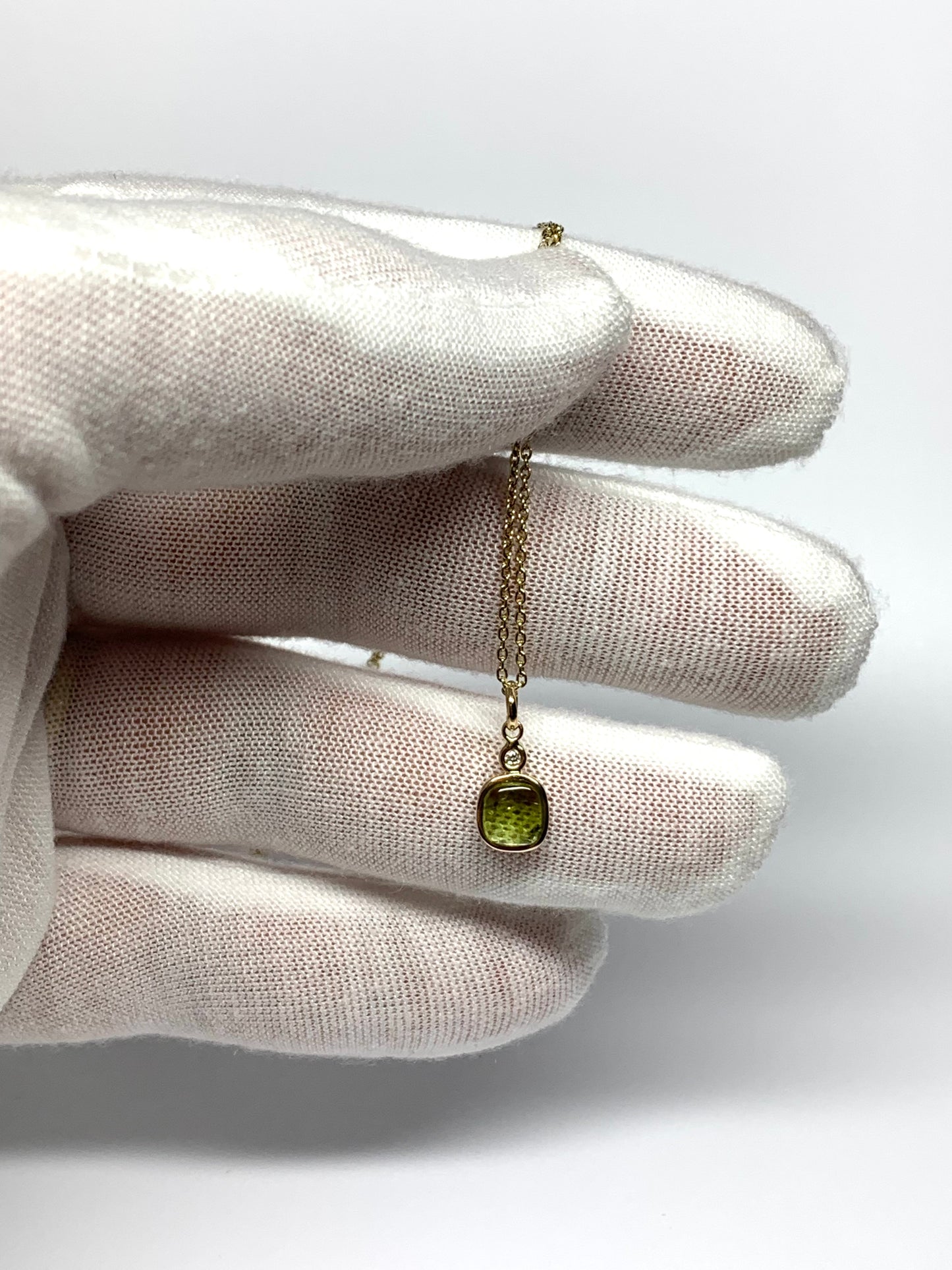 14k Solid Yellow Gold, Natural White Diamond, Natural Dark Green Tourmaline Tiny Pendant
