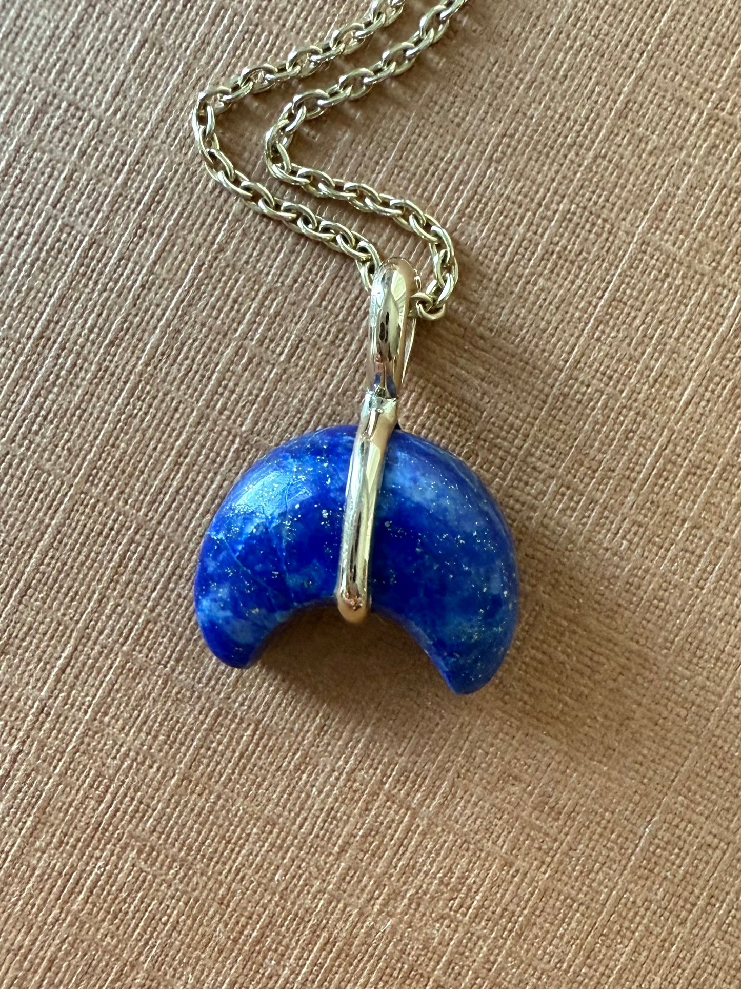 14k Solid Yellow Gold, Blue Lapis Lazuli “Crescent Moon” Pendant, Mini Size