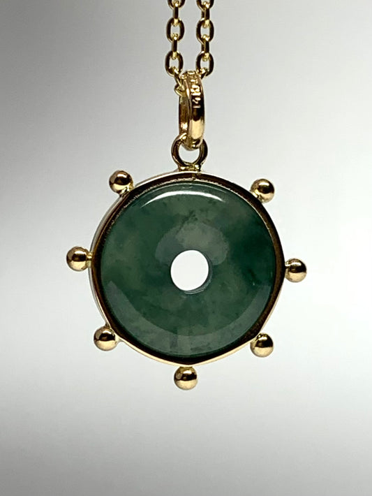 14k Solid Yellow Gold, Natural Green Jade Donut “Sun” Pendant, Mini Size