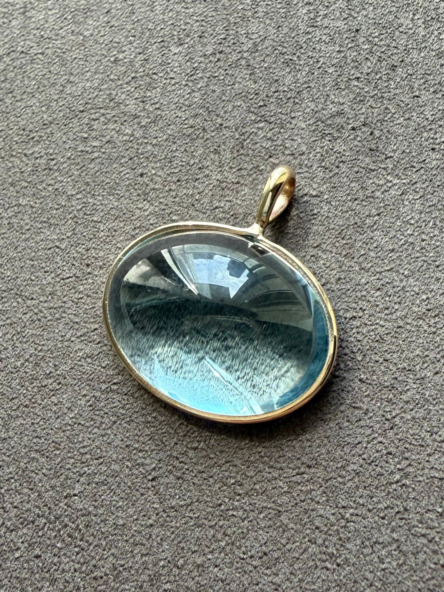 14k Solid Yellow Gold, Blue Topaz Oval Cabochon Pendant, Small Size