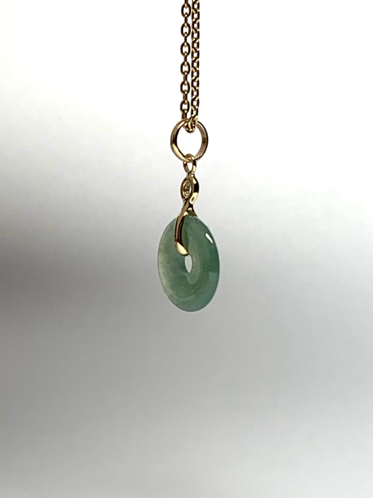14k Solid Yellow Gold, White Diamond, Pale Green Jade “Donut” Pendant, Tiny Size