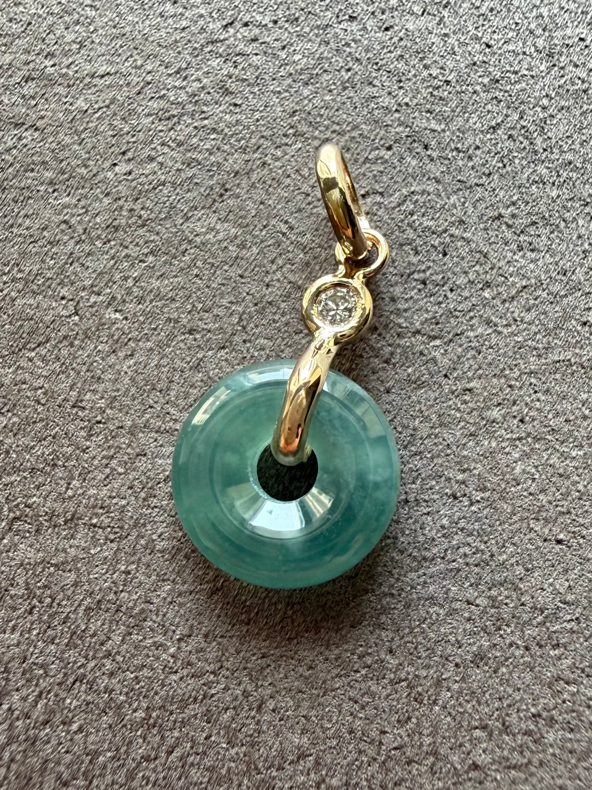 14k Solid Yellow Gold, White Diamond, Green Jade “Donut” Pendant, Tiny Size