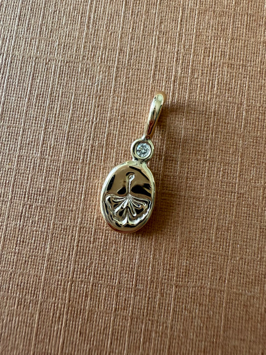 14K Solid Yellow Gold Nugget “Ginkgo” Mini Pendant, White Diamond, Tiny Charm