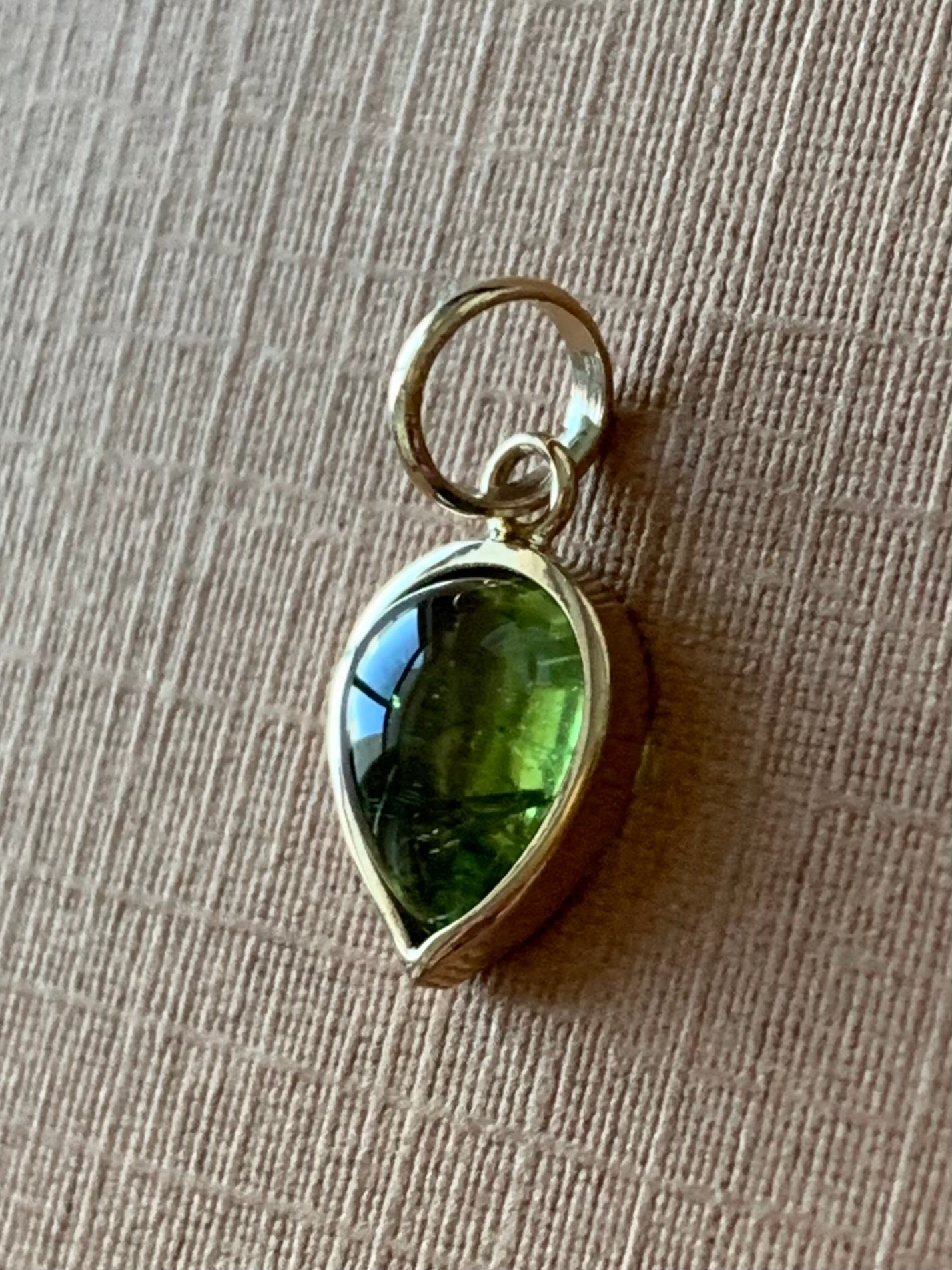 14k Solid Yellow Gold, Natural Green Tourmaline Pear Cabochon Tiny Pendant