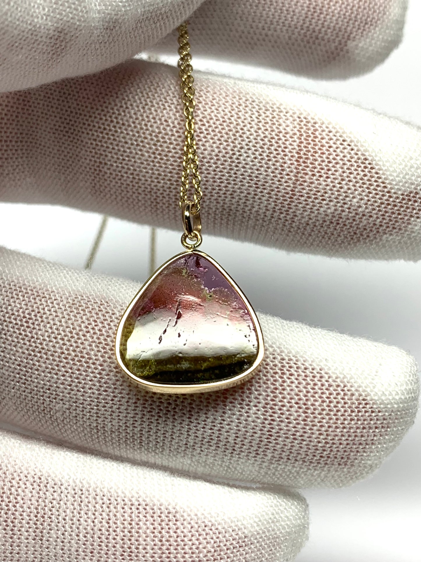 14k Solid Yellow Gold, Natural Pink Green Tourmaline Pendant