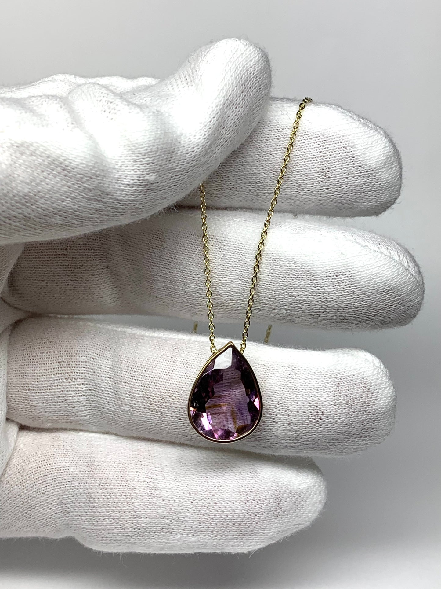 14k Solid Yellow Gold, Purple Amethyst Slider Pendant, Pear Shaped