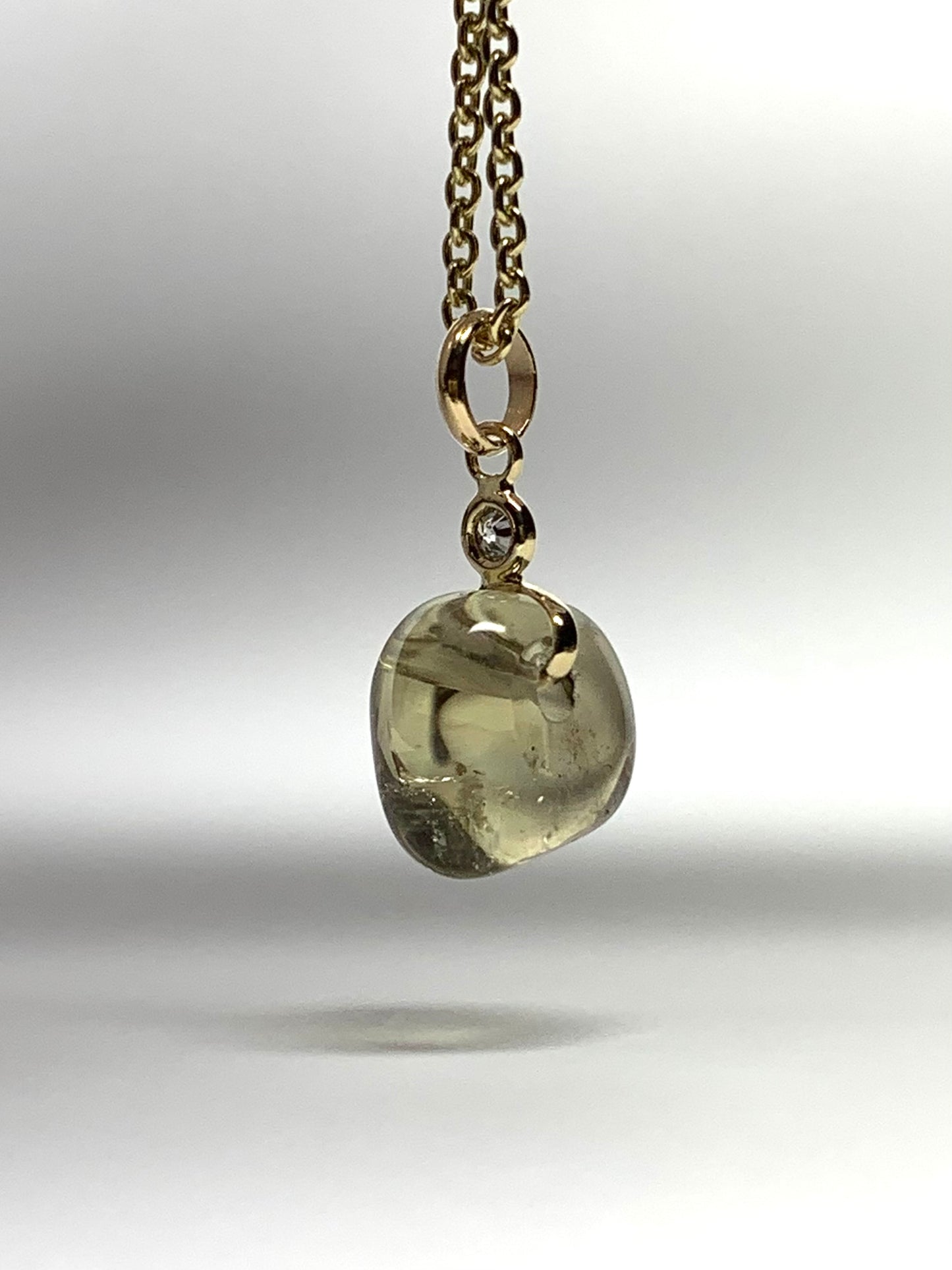 14k Solid Yellow Gold, Diamond, Lemon Quartz Tumbled Nugget Bead Pendant, Mini Size