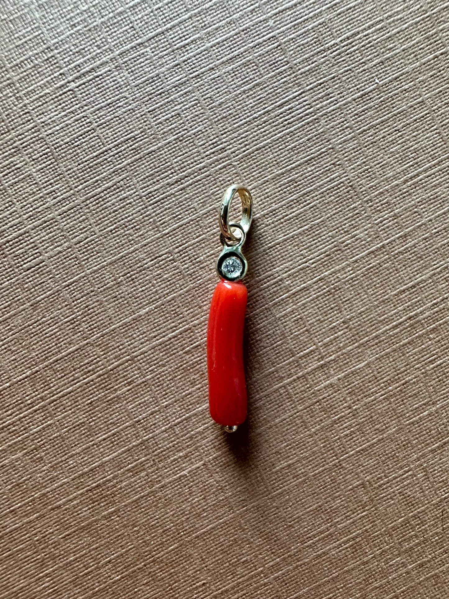 14k Solid Yellow Gold, Diamond, Red Coral Tiny Charm Pendant