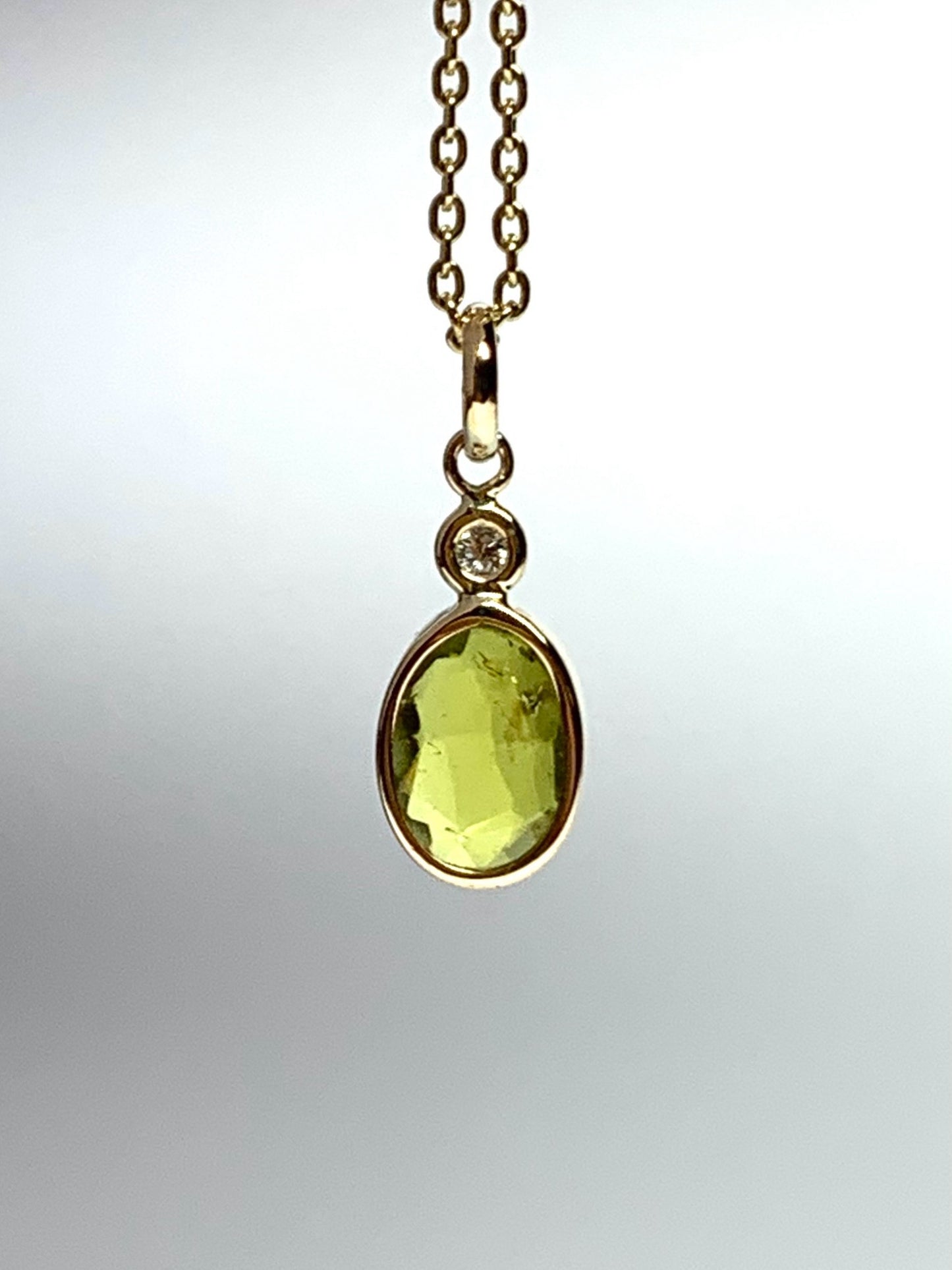14k Solid Yellow Gold, Natural White Diamond, Natural Olive Green Tourmaline Tiny Pendant