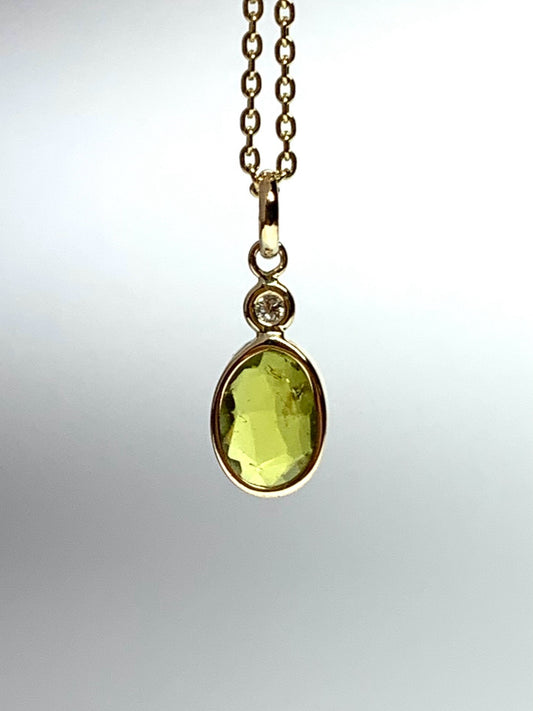 14k Solid Yellow Gold, Natural White Diamond, Natural Olive Green Tourmaline Tiny Pendant